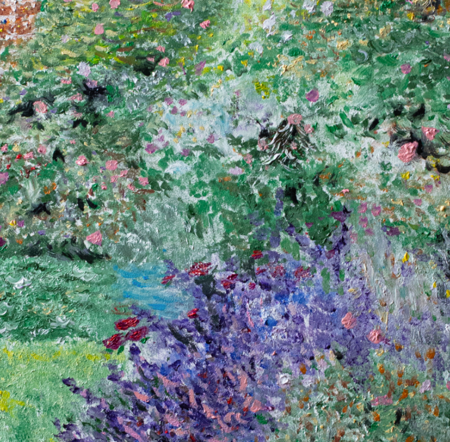 Close-up/detail image
Close-up detail of lavender and pink roses in an original impressionist oil painting by Kathy My Thi