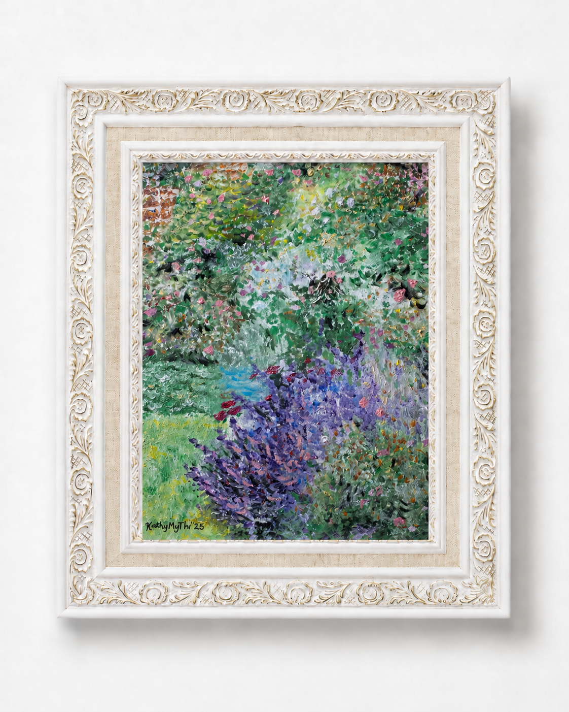 Framed artwork image
Framed original oil painting of lavender and pink roses in an impressionist garden by Kathy My Thi