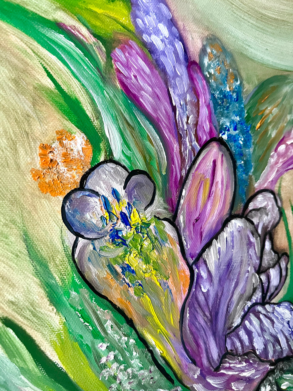 Close-up detail of colorful expressive flowers and flowing brushstrokes in Flowers In Tropical Summer