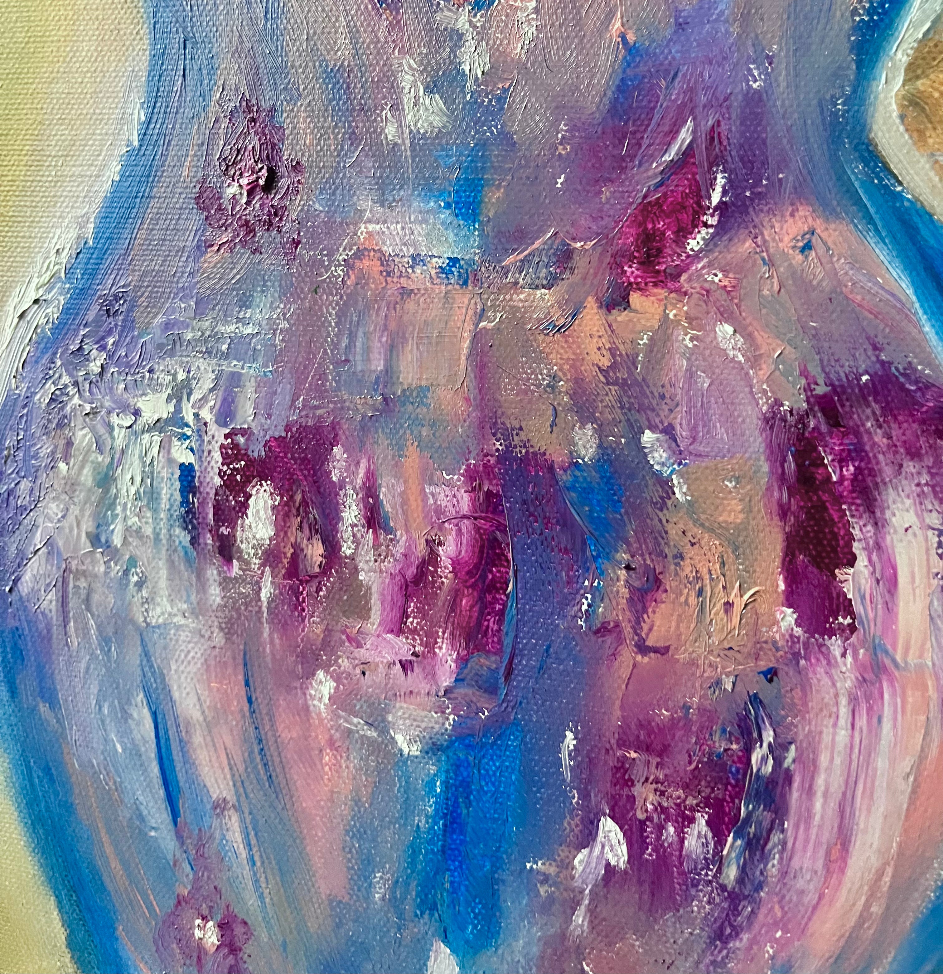 Close-up of vibrant blue, purple, and pink expressive brushwork in the Flowers In Tropical Summer oil painting
