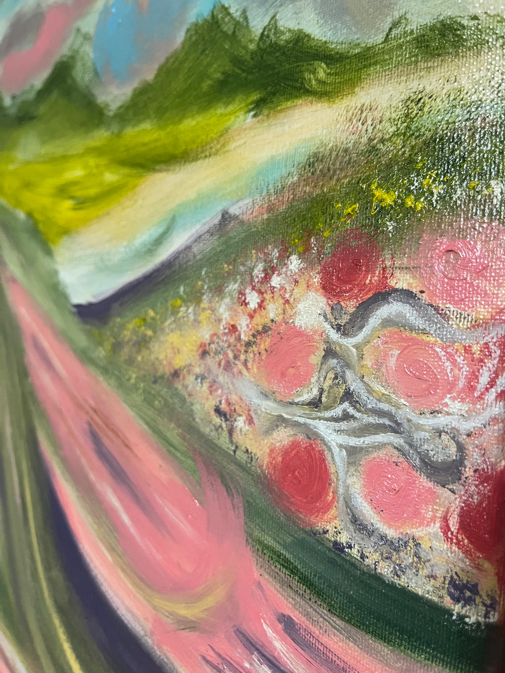 Detail view of colorful pastel hills, flowers, and expressive brushwork in Pastel Rolling Hills