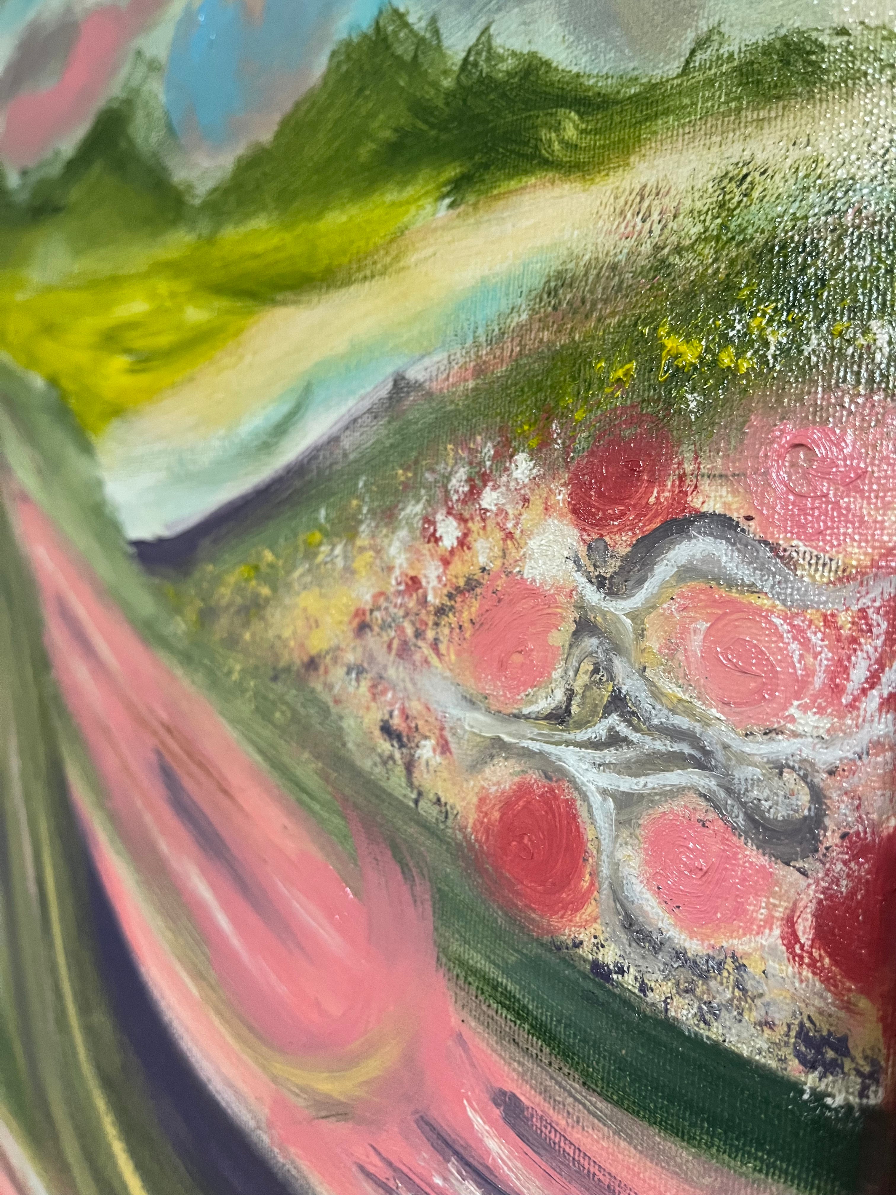 Detail view of colorful pastel hills, flowers, and expressive brushwork in Pastel Rolling Hills