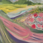 Close-up detail of pink rolling hills and colorful landscape in Pastel Rolling Hills oil painting