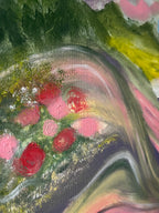 Close-up of pink flowers and flowing landscape in the Pastel Rolling Hills original oil painting