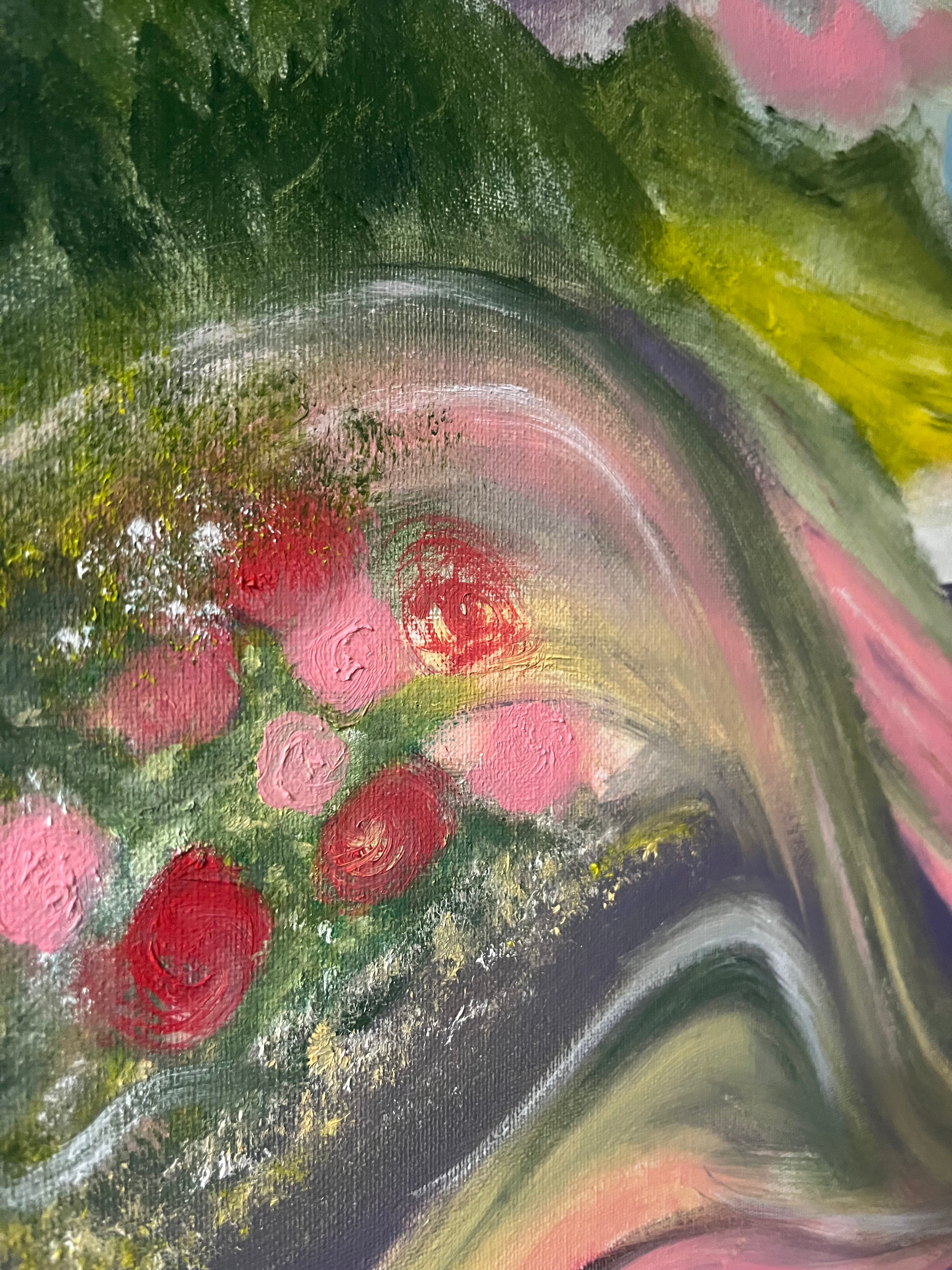 Close-up of pink flowers and flowing landscape in the Pastel Rolling Hills original oil painting